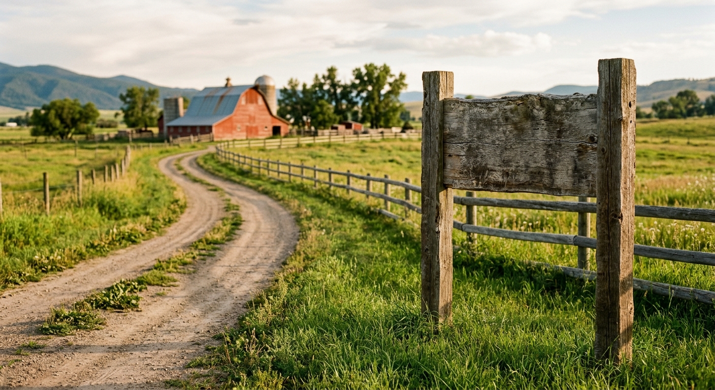 A weathered farm entrance sign beside a country lane leading to a red barn